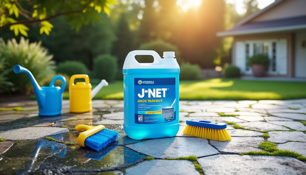 eau de javel j-net gros travaux 5l, idéale pour un nettoyage extérieur puissant et efficace, élimine saletés et germes rapidement.