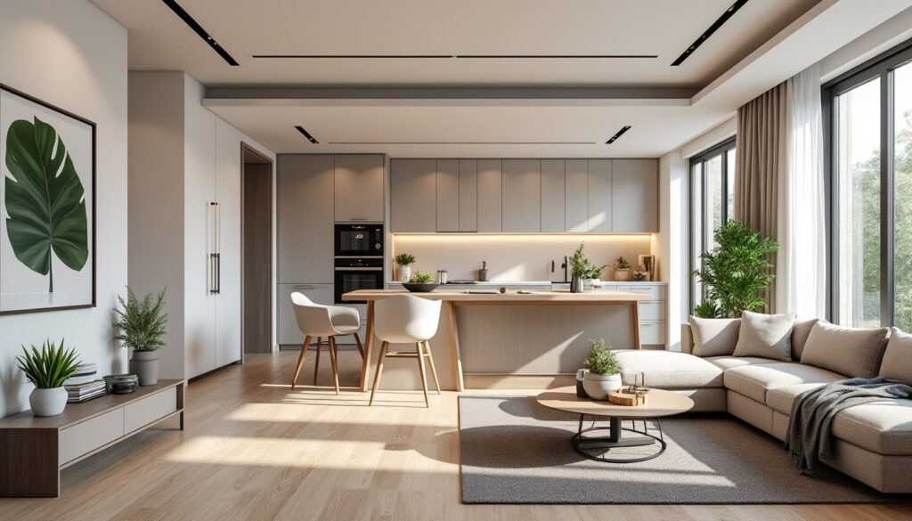 découvrez un appartement f3 de taille moyenne, optimisé avec un aménagement intelligent entre 60 et 65 m², alliant confort et fonctionnalité.